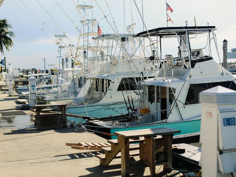 Row of charter fishing boats docked at a harbor