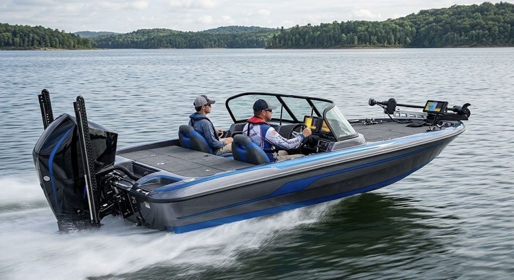 Bass boat running across a California lake