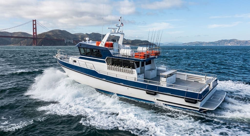 Sportfishing charter boat cruising past the Golden Gate